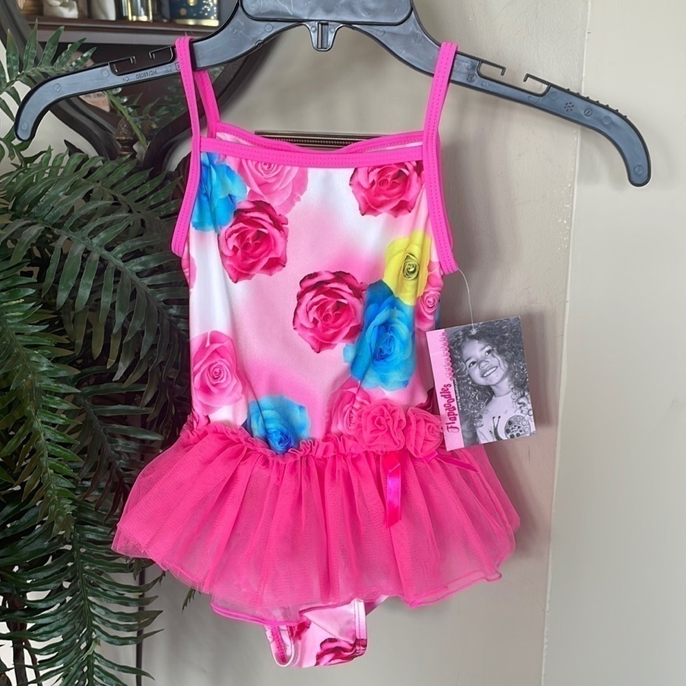Brand New Flapdoodles Rose Print Pink Tutu One Piece Swimsuit